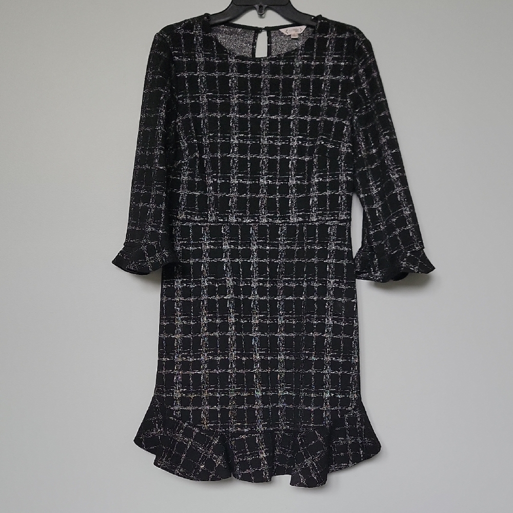 Nanette Lepore Black and Silver Checkered Long Sleeve Dress